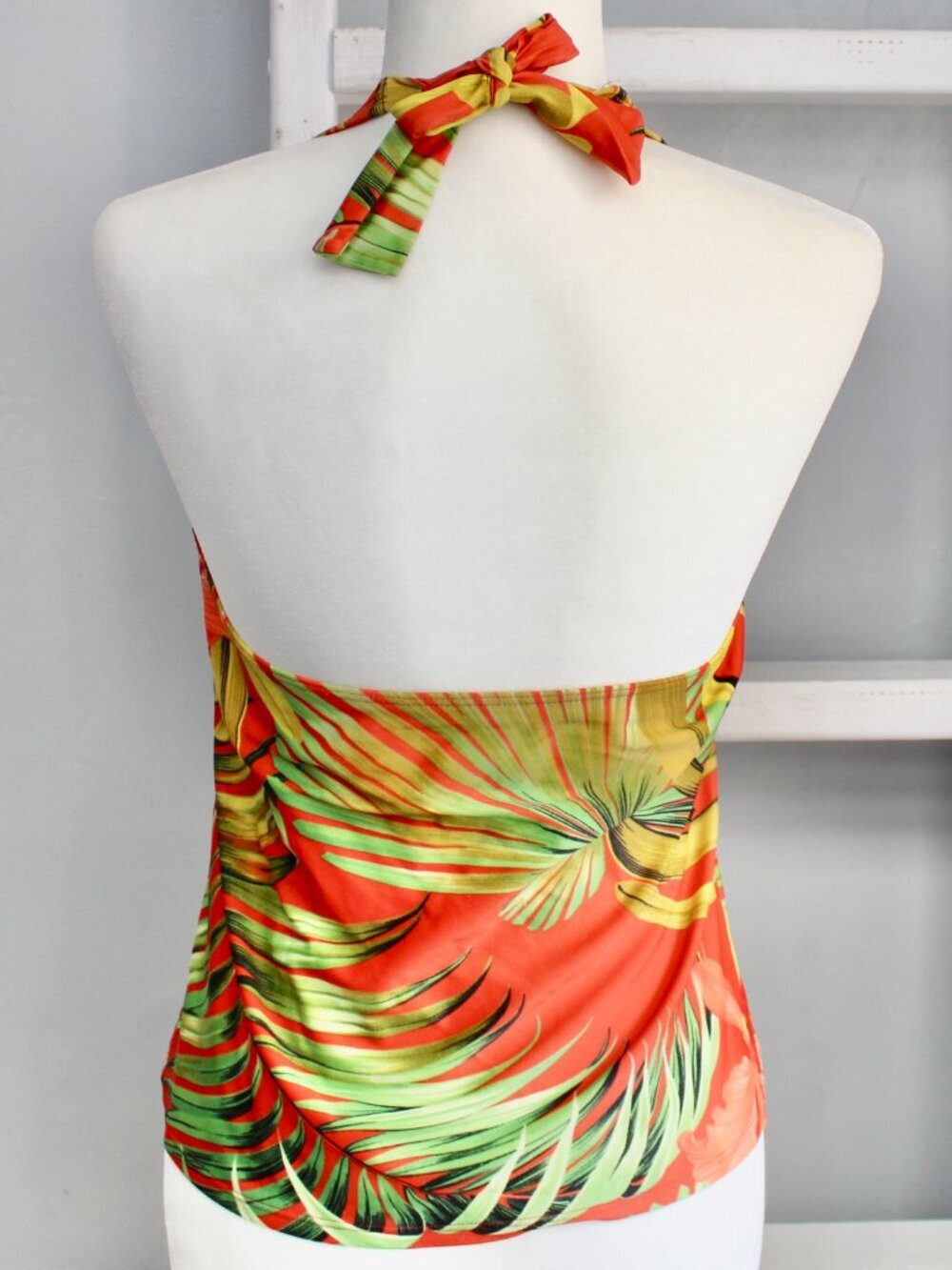 Anne Klein VTG Y2K Tropical Green Leaf Halter Swim Tank Blood Orange Size 12 - Picture 2 of 5